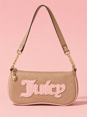 Juicy Couture Y2K Tan Embossed Shoulder Bag Pink Logo Baguette Purse